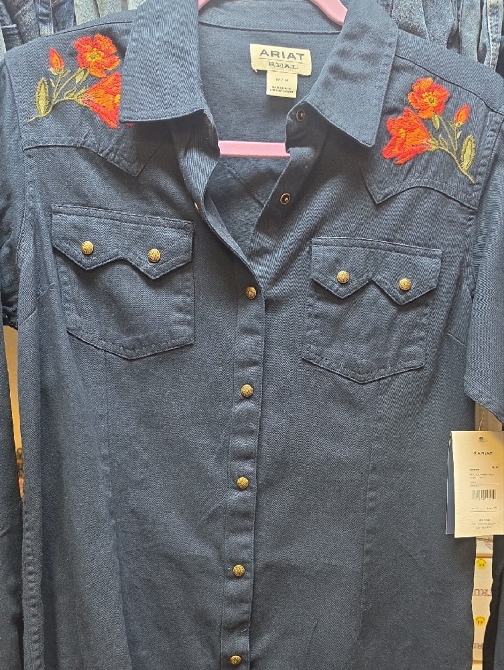 Ariat Navy Button-Down Shirt with Red Floral Embroidery - Picture 3 of 8